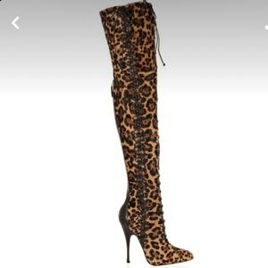 NEW✨Brian Atwood Belle Cheetah/Leapoard Leather CalfHair LaceUp Thigh HighBoots